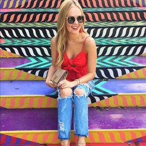 Red double tie top with flare, size small